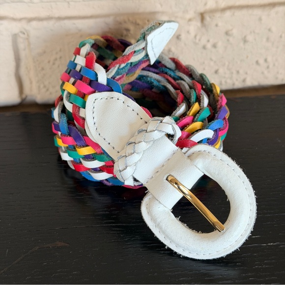 Vintage Accessories - Vintage 80s Rainbow Colorful Cord Braided Belt White Leather Buckle Accent 1X